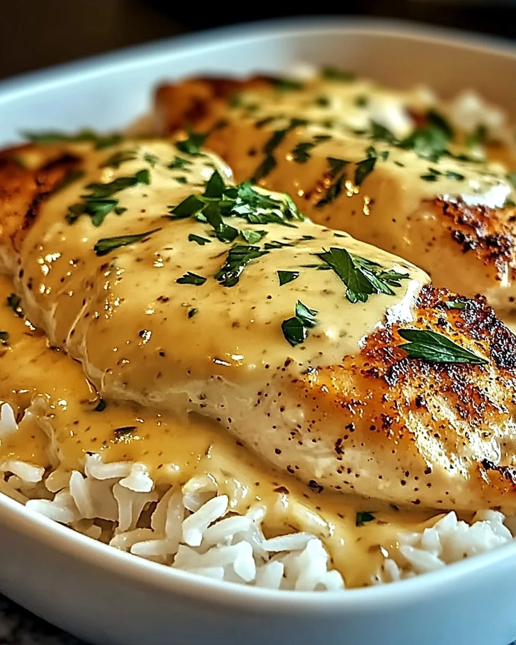 Cremiges Überbackenes Hühnchen und Reis zum Verlieben