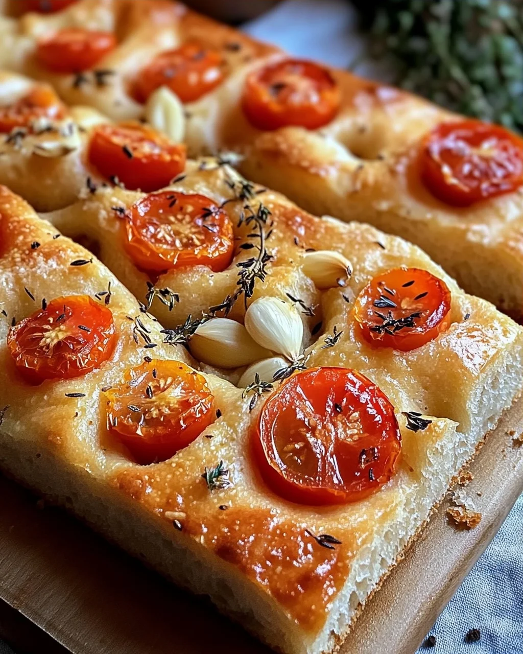 Focaccia mit Tomaten, Knoblauch & Thymian
