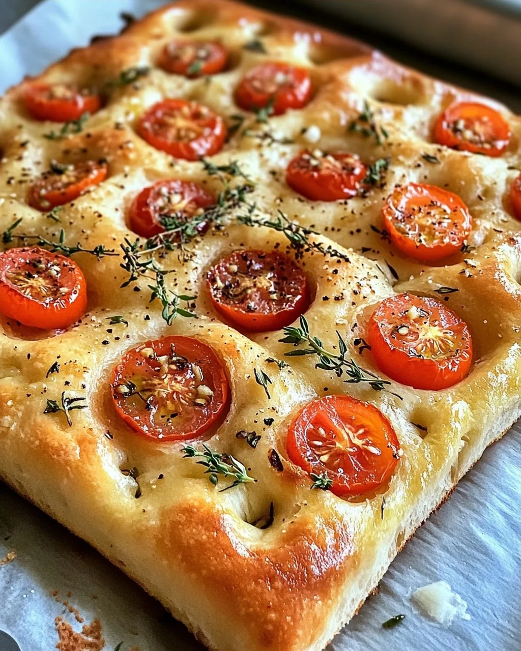 Focaccia mit Tomaten, Knoblauch & Thymian