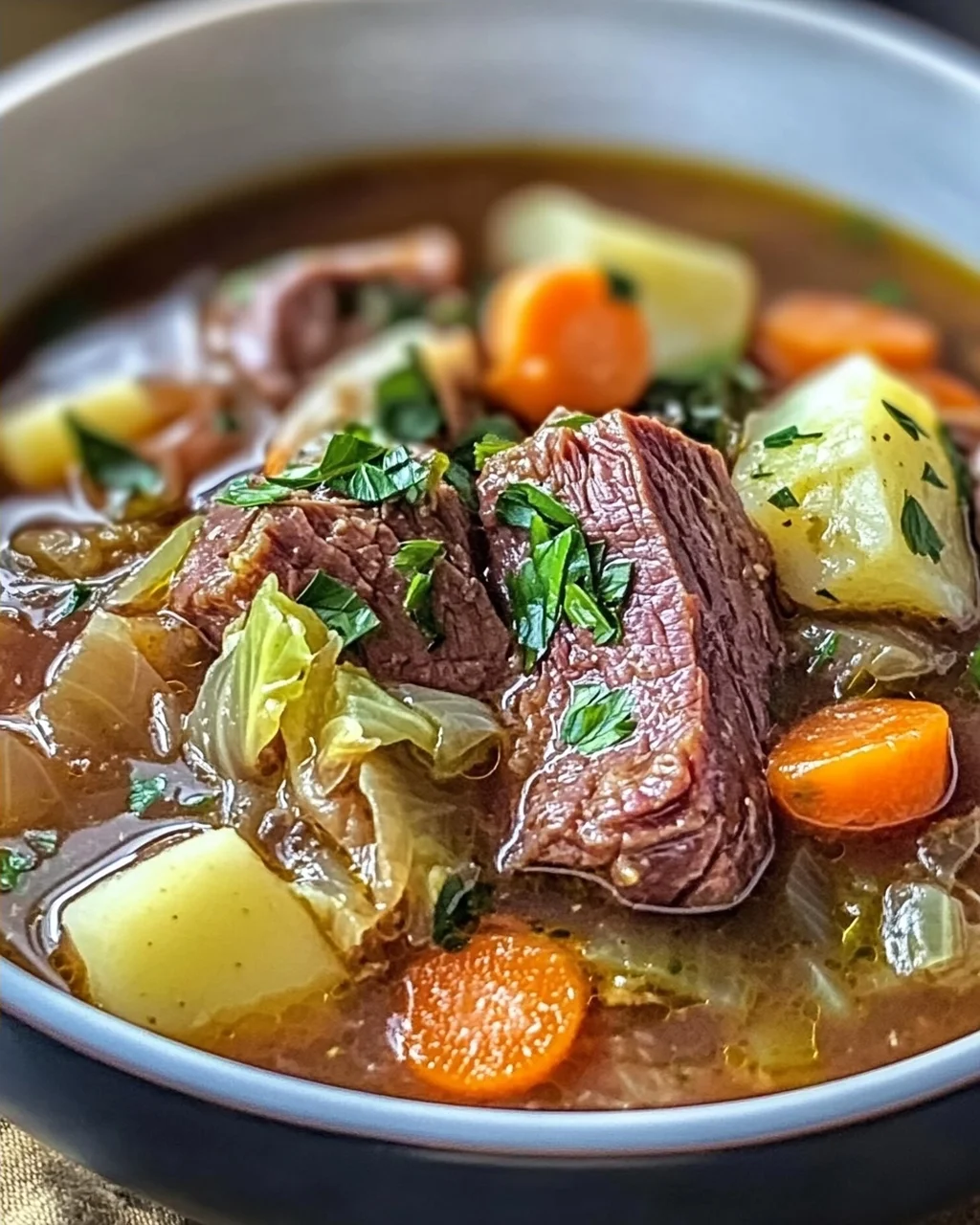 Gemütliche Rinderbrust- und Kohl-Suppe für kalte Tage