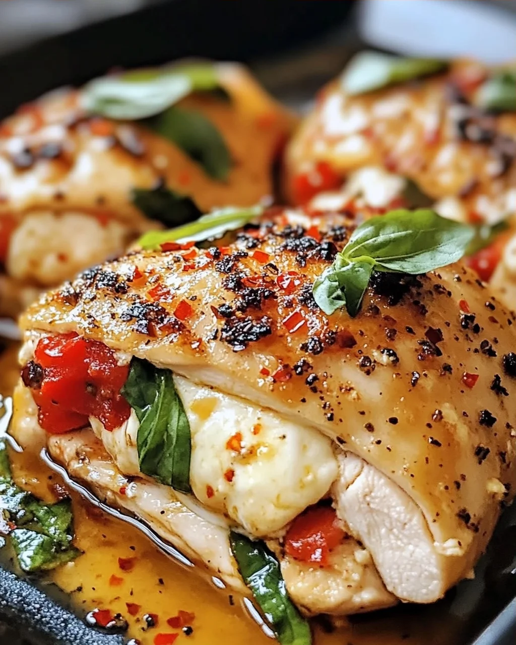 Geröstete rote Paprika und Mozzarella gefülltes Huhn