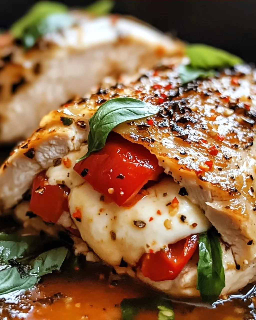Geröstete rote Paprika und Mozzarella gefülltes Huhn
