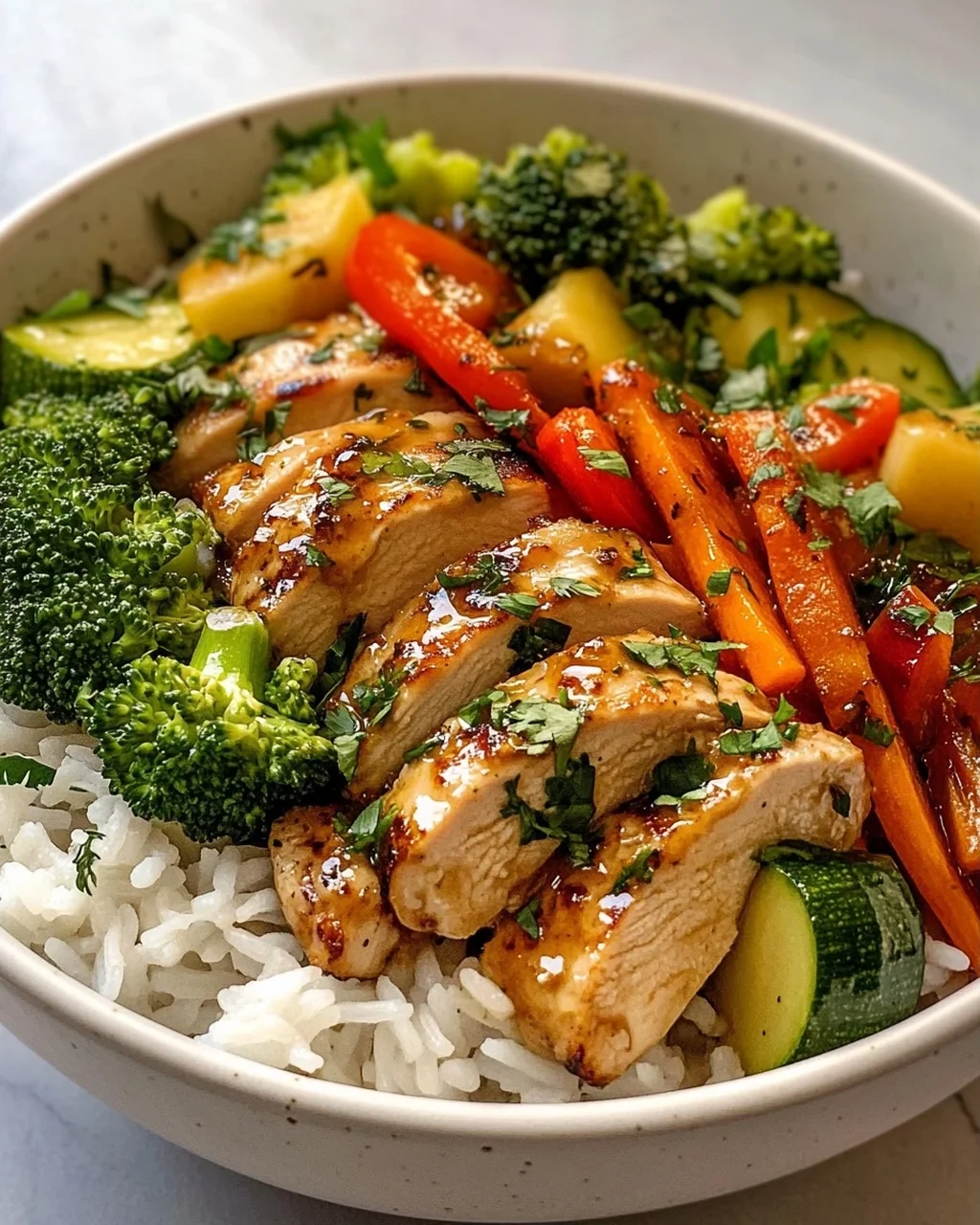 Hähnchen Reis Bowl mit Knoblauchbutter & frischem Gemüse