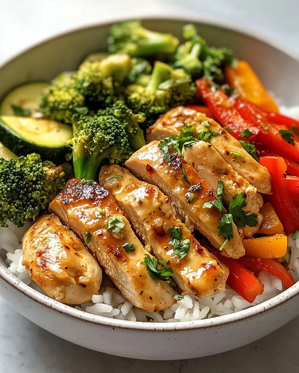 Hähnchen Reis Bowl mit Knoblauchbutter & frischem Gemüse