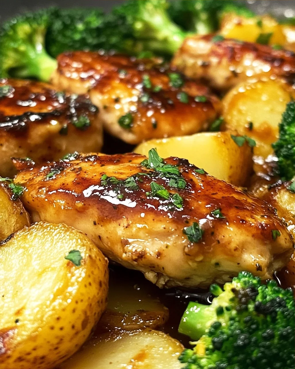 Honig-Knoblauch-Hähnchen mit Brokkoli und Kartoffeln aus dem Ofen