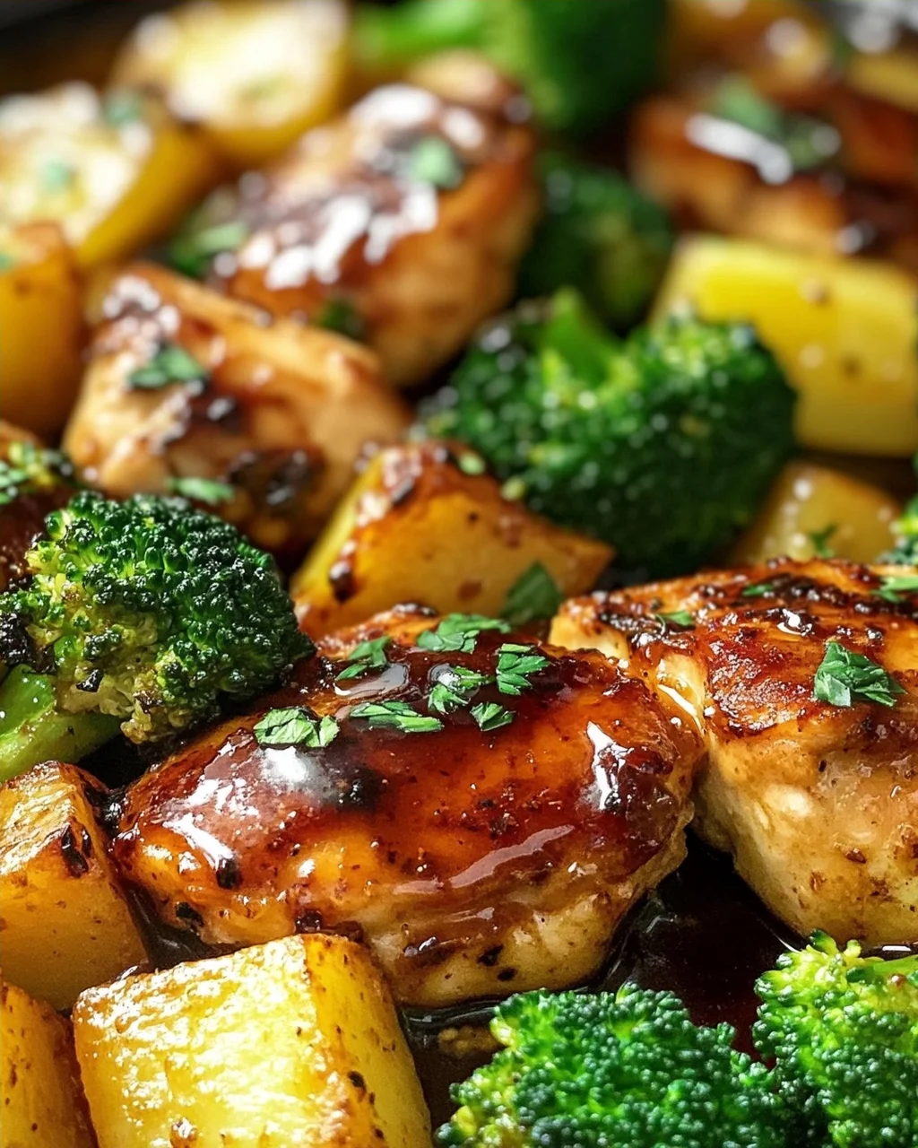 Honig-Knoblauch-Hähnchen mit Brokkoli und Kartoffeln aus dem Ofen