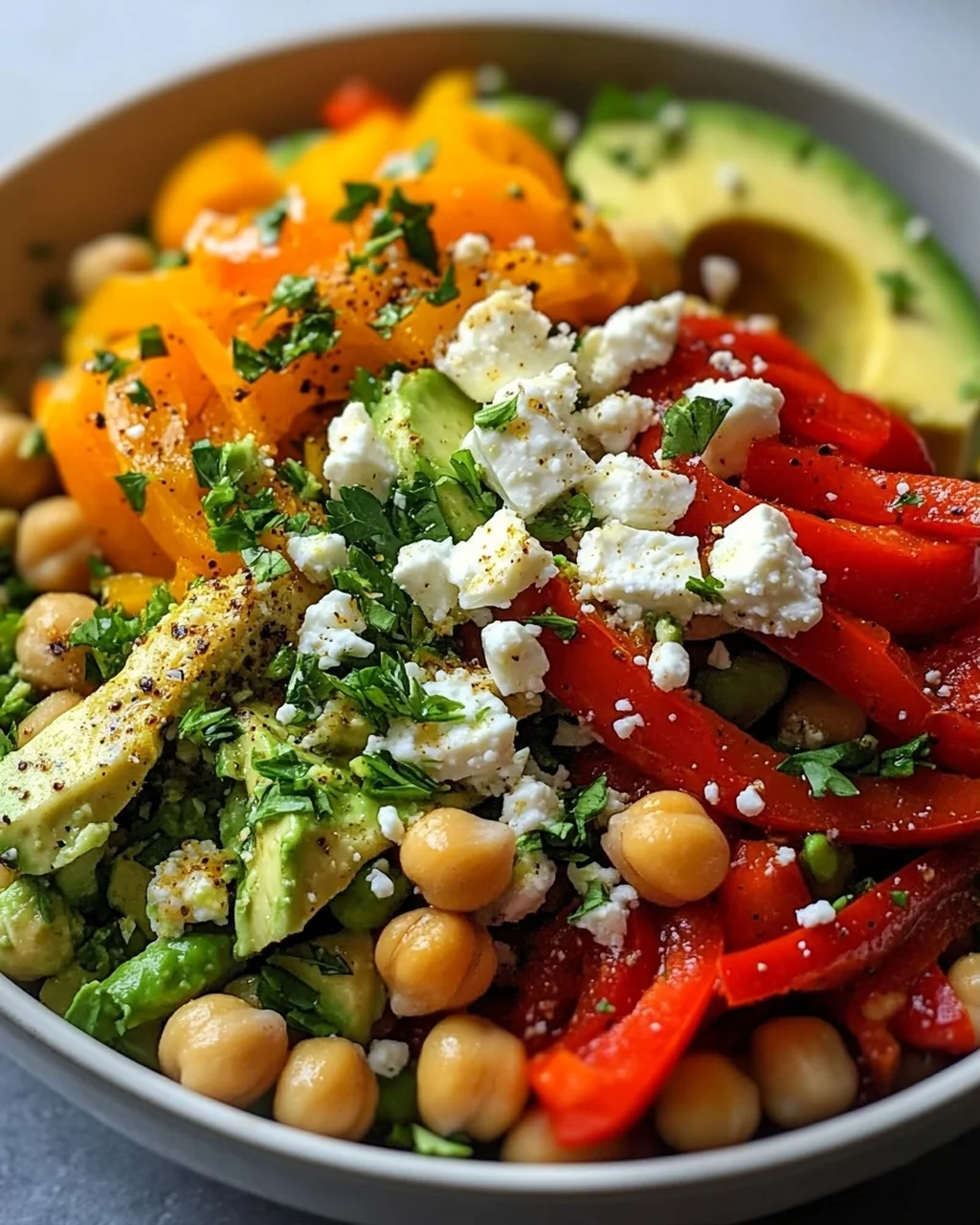 Kichererbsen-Feta-Avocado-Salat mit gerösteten Paprika
