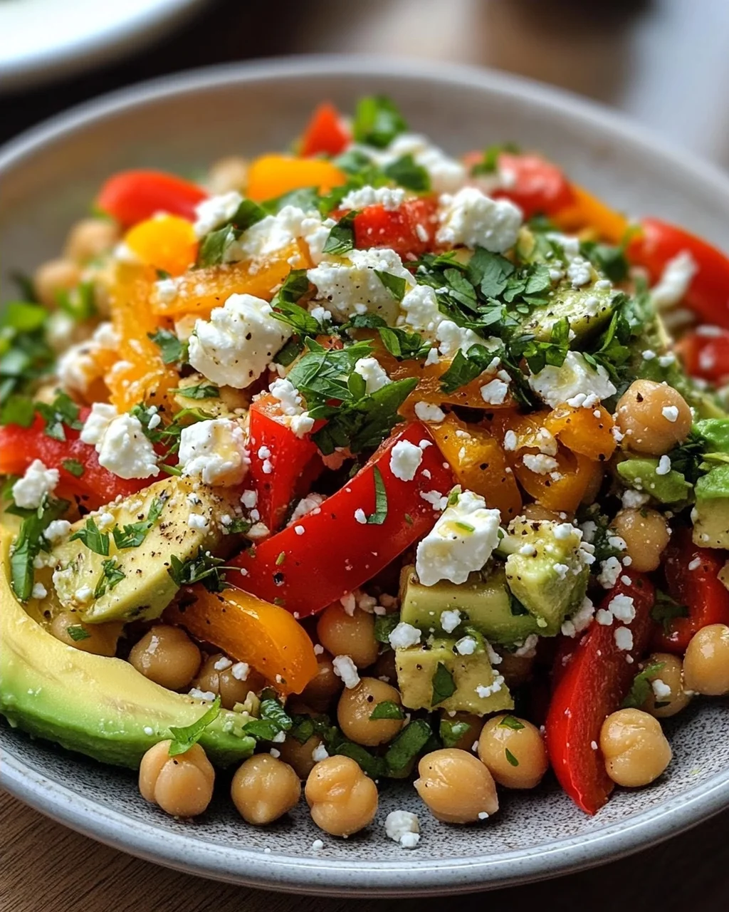 Kichererbsen-Feta-Avocado-Salat mit gerösteten Paprika