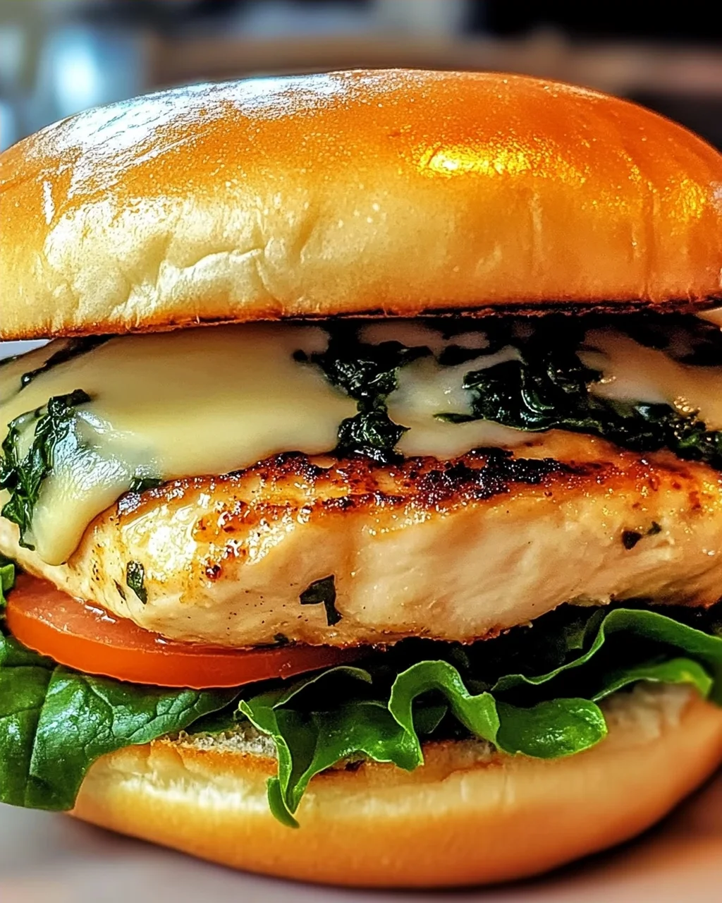 Leckere Weiße Cheddar Spinat Hähnchen Hamburger