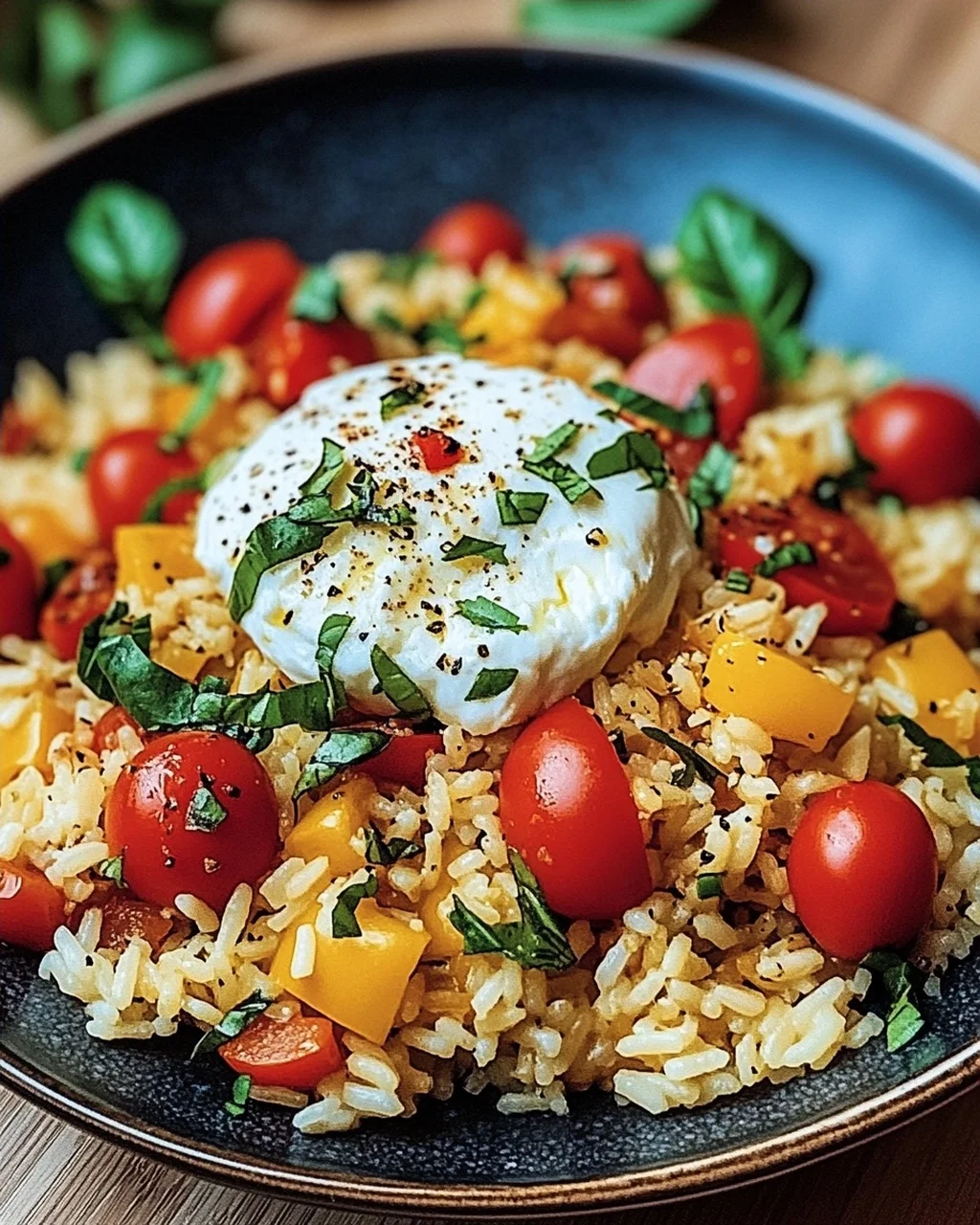Mediterrane Reispfanne mit Burrata