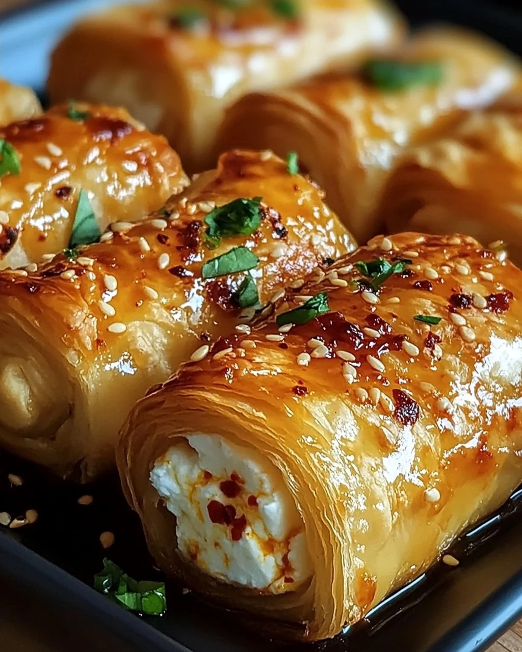 Ofen-gebackene Feta-Rollen mit Chili-Honig