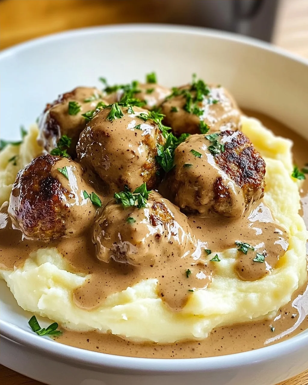 Saftige Hackbällchen in Rahmsauce & cremigem Kartoffelpüree
