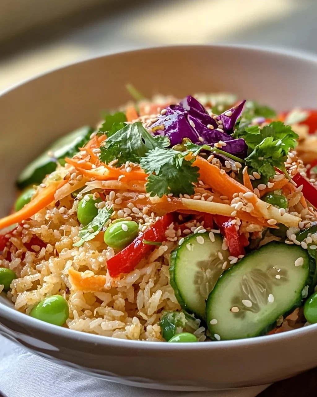 Schneller Knuspriger Reissalat mit Erdnuss-Sesam-Dressing