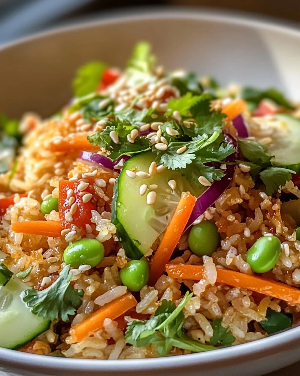 Schneller Knuspriger Reissalat mit Erdnuss-Sesam-Dressing