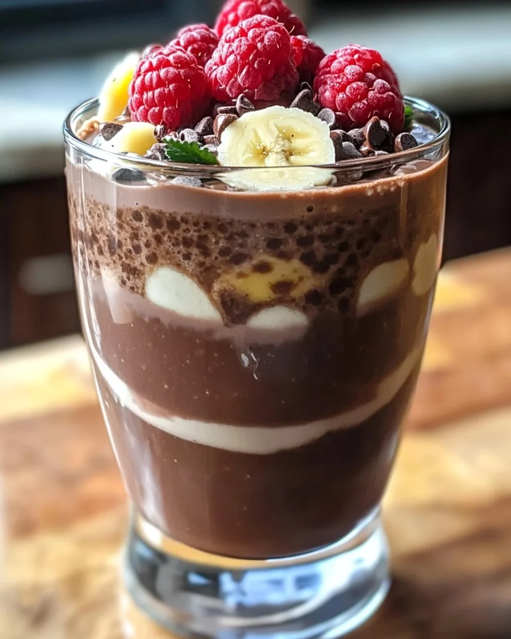 Schokoladen-Bananen-Himbeer-Frühstücksgetränk für den perfekten Start