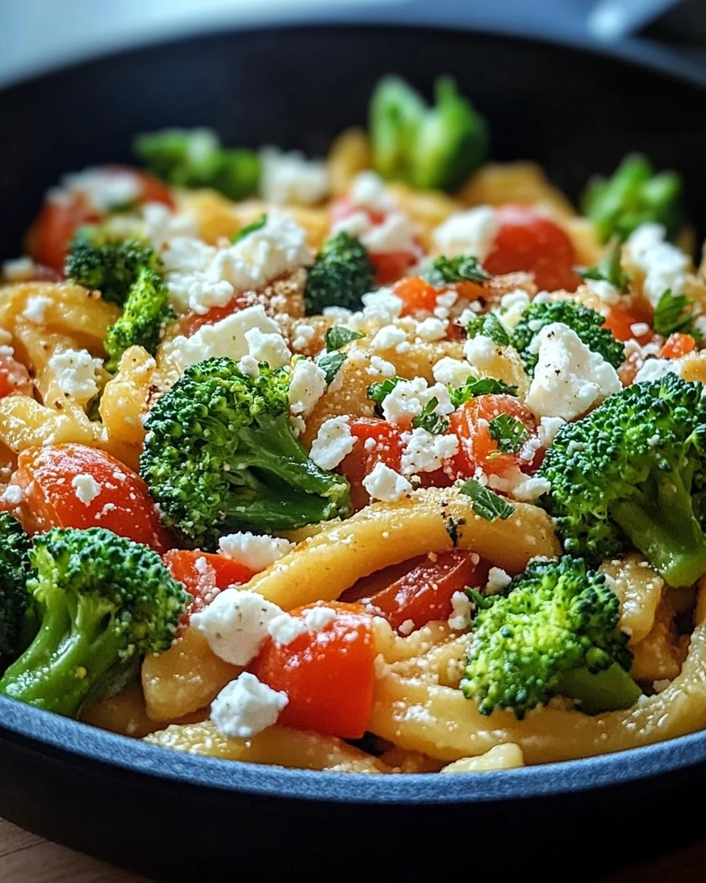 Schupfnudelpfanne mit Brokkoli, Feta und Tomaten