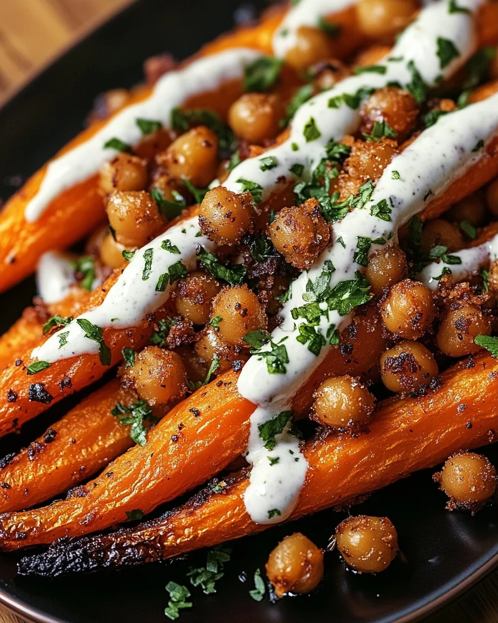 Spicy Maple-Roasted Carrots with Crispy Chickpeas and Yogurt Sauce