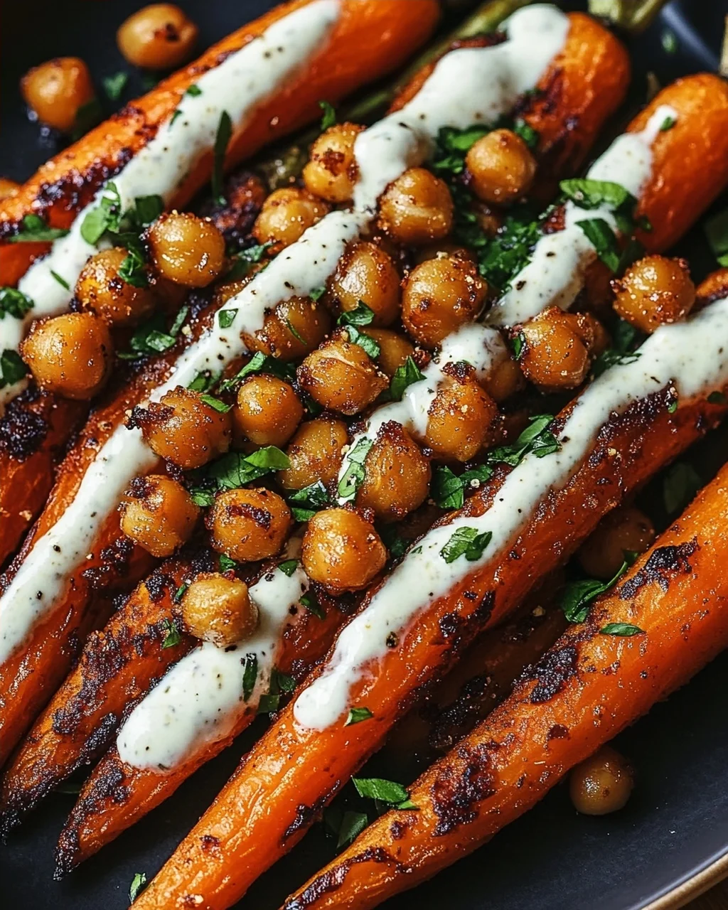 Spicy Maple-Roasted Carrots with Crispy Chickpeas and Yogurt Sauce
