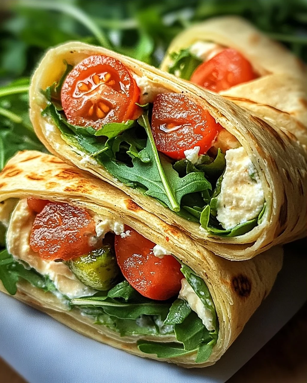 Vegetarische Wrap-Röllchen mit Rucola und Tomaten