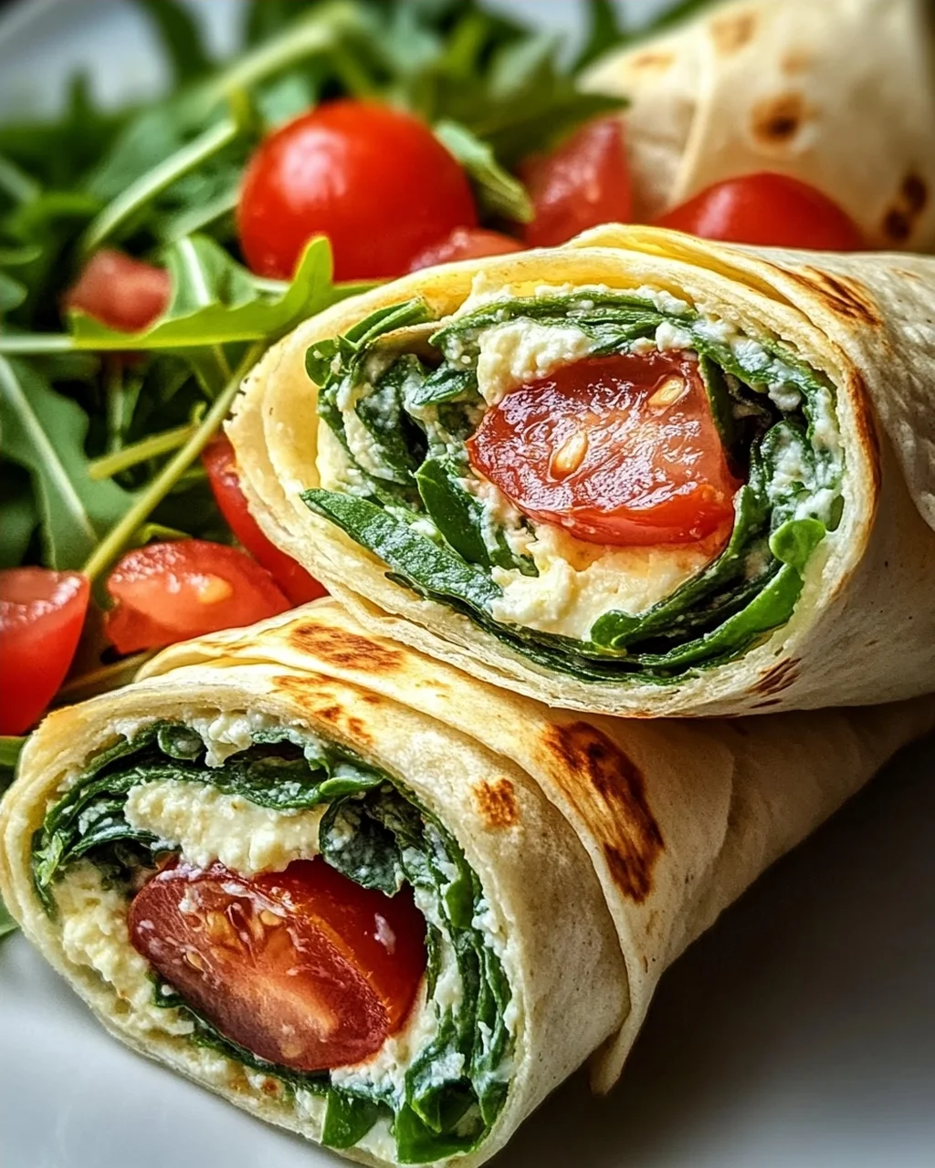 Vegetarische Wrap-Röllchen mit Rucola und Tomaten