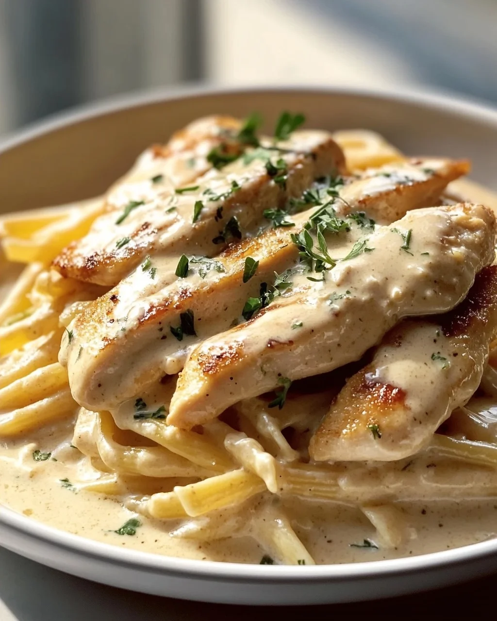 Zarte Hähnchenstreifen mit cremigen Nudeln in Sahnesauce