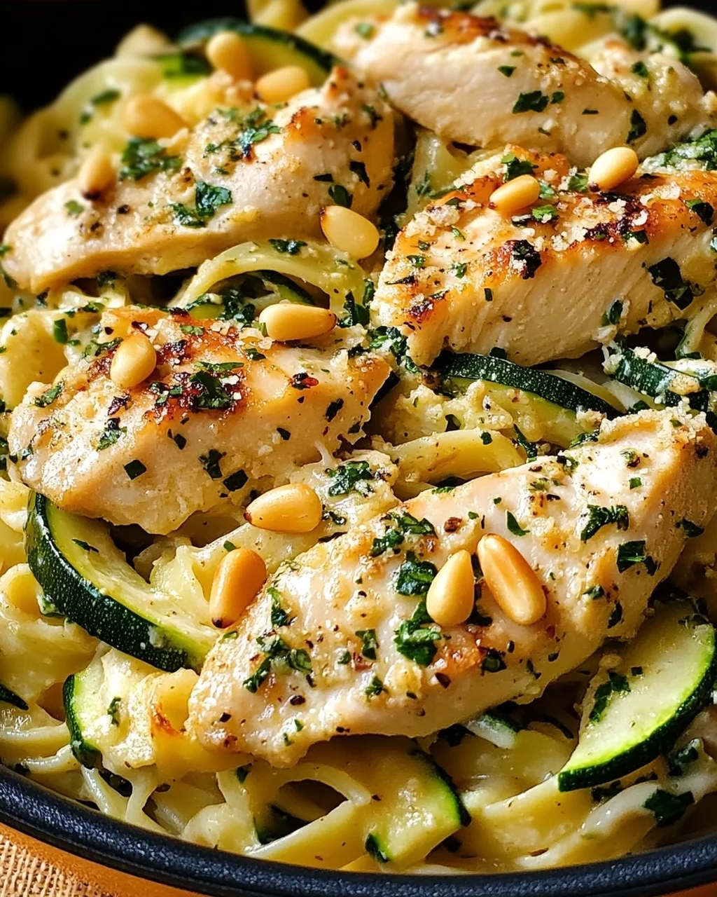 Zucchini Parmesan Pasta mit Hähnchen und Pinienkernen