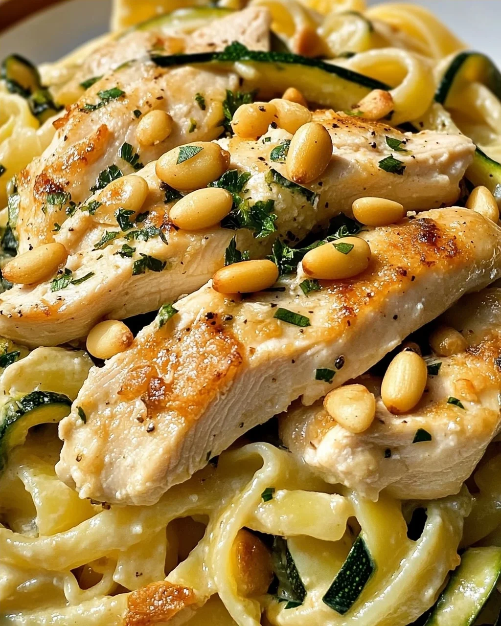 Zucchini Parmesan Pasta mit Hähnchen und Pinienkernen